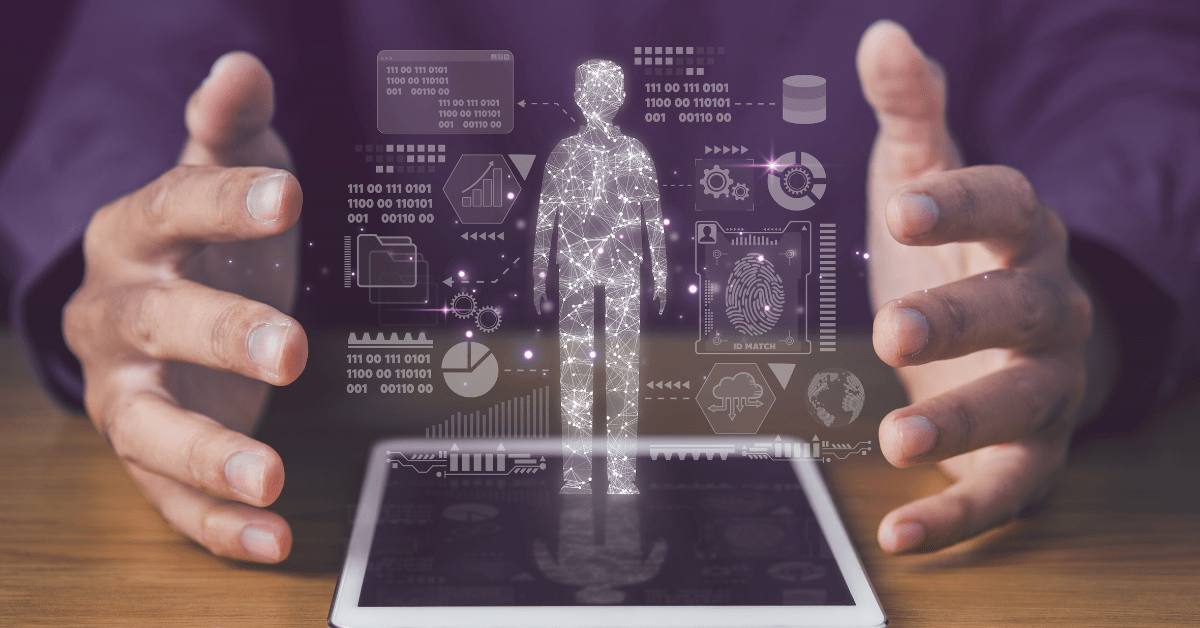 Digital patient silhouette above a tablet – AI integration in healthcare enabling SMART/FHIR embedding and auditable model usage.