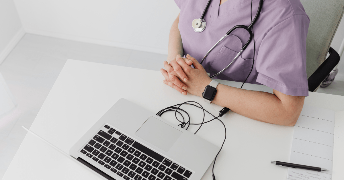 Healthcare professional at workstation with stethoscope – monitoring HL7 v2 idempotency, ACK status, retry queues, and DLQ health.