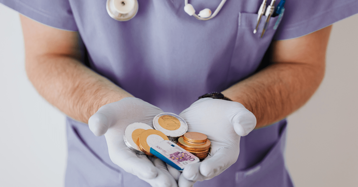 Healthcare worker with coins – integration observability in healthcare focused on cost visibility, error budgets, and rollback decisions.